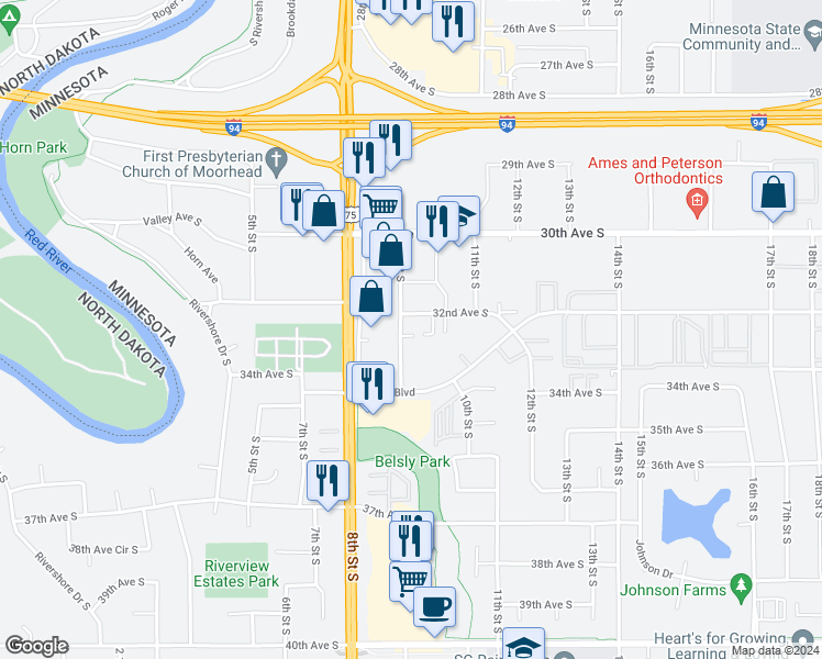 map of restaurants, bars, coffee shops, grocery stores, and more near 915 32nd Avenue South in Moorhead