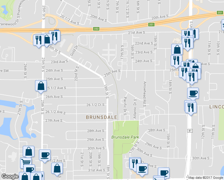 map of restaurants, bars, coffee shops, grocery stores, and more near 2532 18th Street South in Fargo