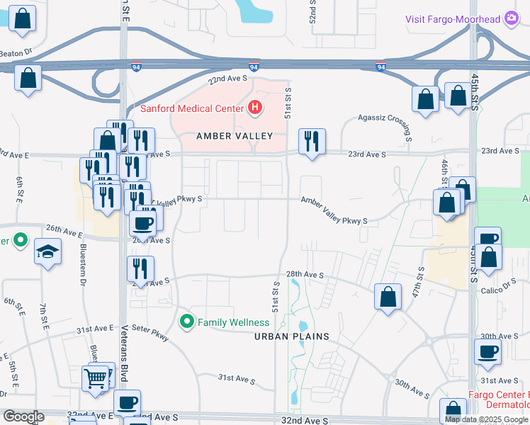map of restaurants, bars, coffee shops, grocery stores, and more near 5170 Amber Valley Parkway South in Fargo