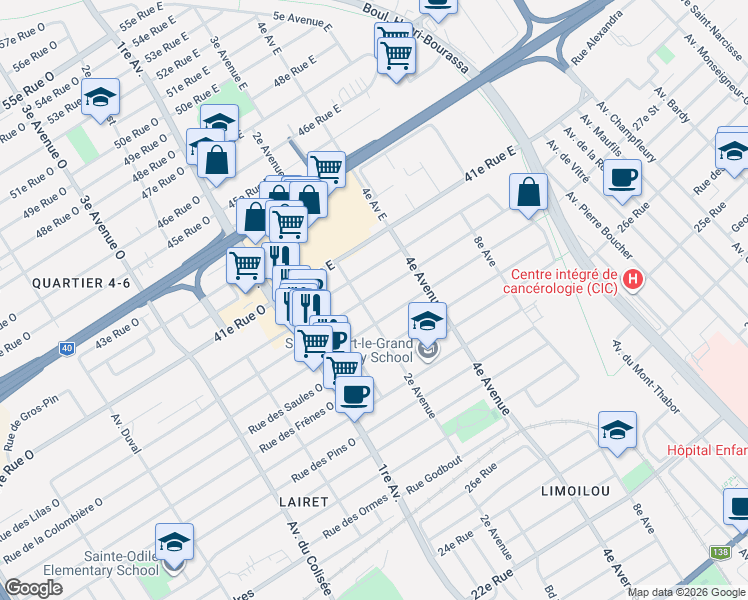 map of restaurants, bars, coffee shops, grocery stores, and more near 212 Rue des Lilas Est in Québec