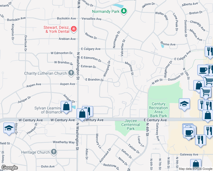 map of restaurants, bars, coffee shops, grocery stores, and more near 313 East Brandon Drive in Bismarck