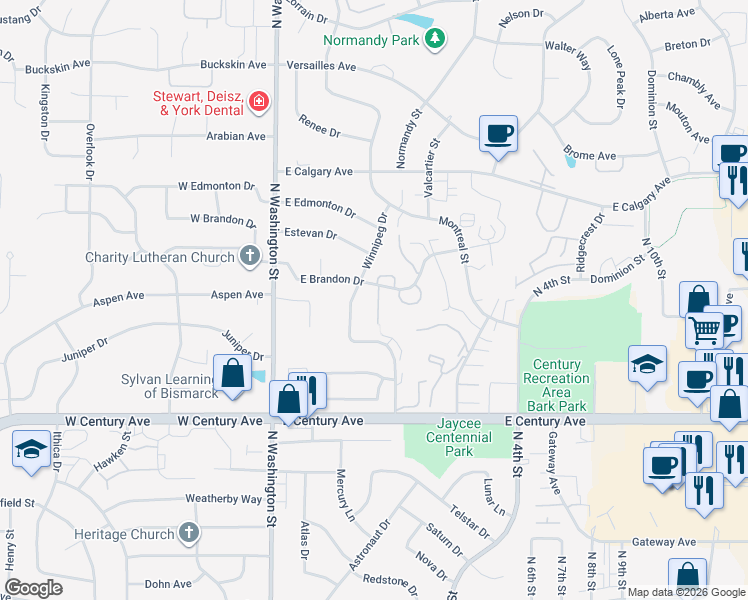 map of restaurants, bars, coffee shops, grocery stores, and more near 313 East Brandon Drive in Bismarck
