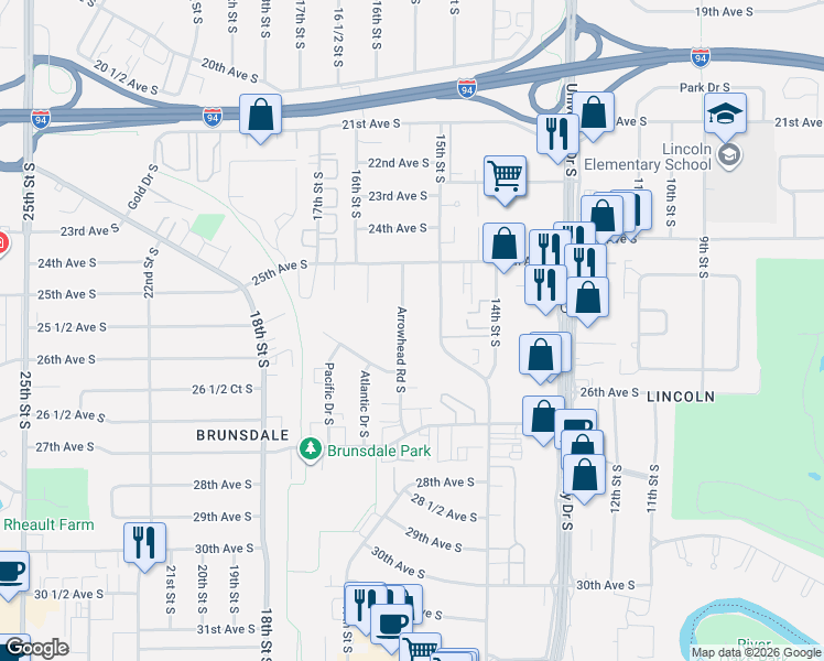 map of restaurants, bars, coffee shops, grocery stores, and more near 2531 Arrowhead Road South in Fargo