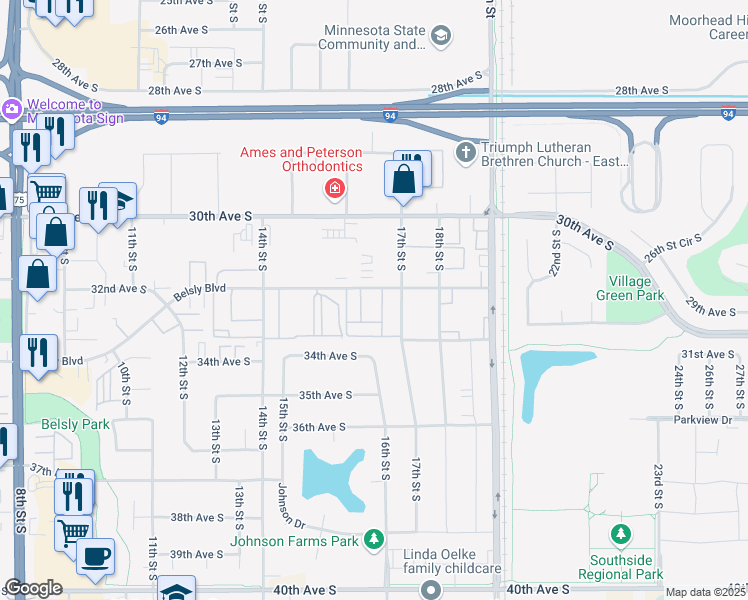 map of restaurants, bars, coffee shops, grocery stores, and more near 1641 Belsly Boulevard in Moorhead