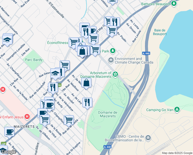 map of restaurants, bars, coffee shops, grocery stores, and more near 2500 Boulevard Montmorency in Quebec