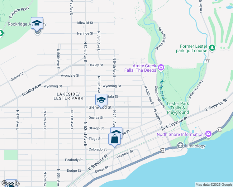 map of restaurants, bars, coffee shops, grocery stores, and more near 5401 Juniata Street in Duluth