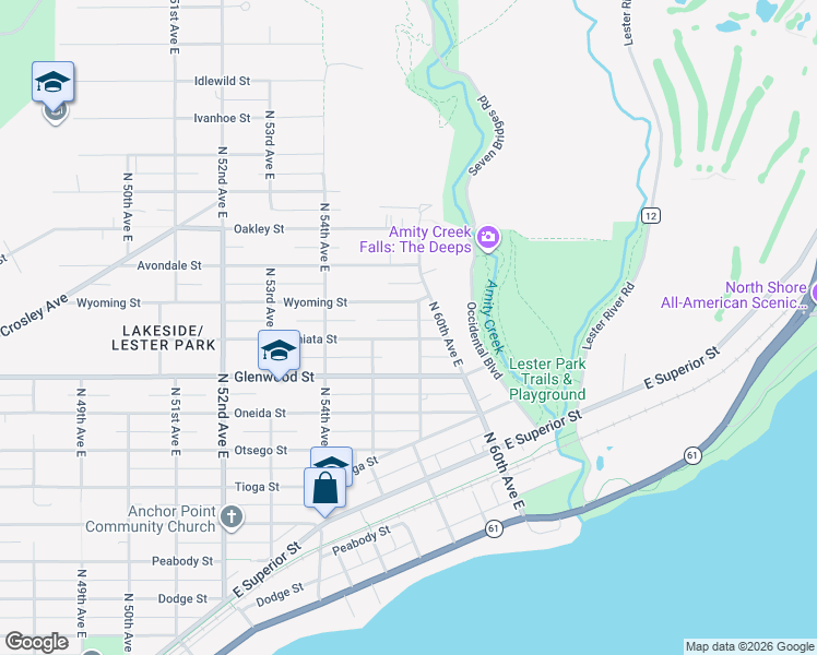 map of restaurants, bars, coffee shops, grocery stores, and more near 5718 Wyoming Street in Duluth