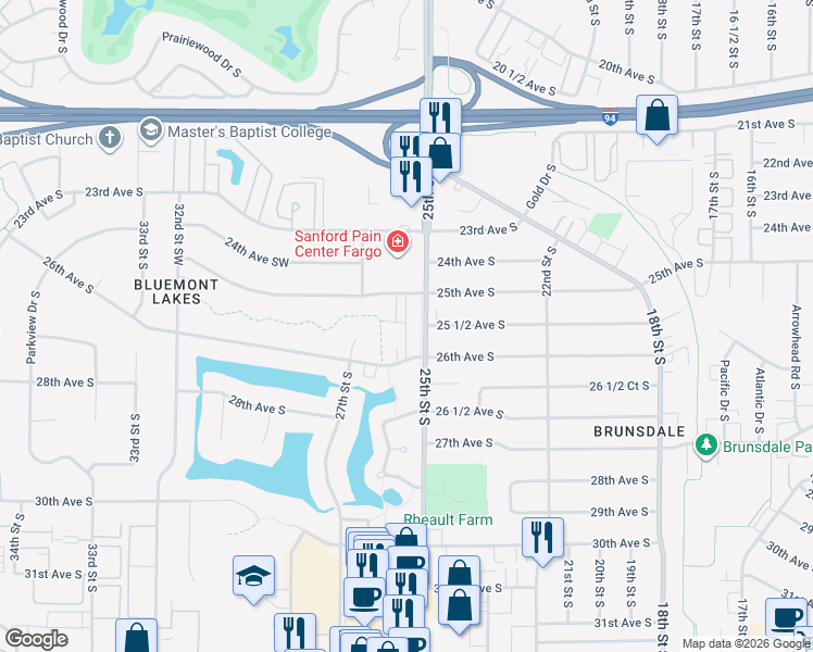 map of restaurants, bars, coffee shops, grocery stores, and more near 2529 25th Street South in Fargo