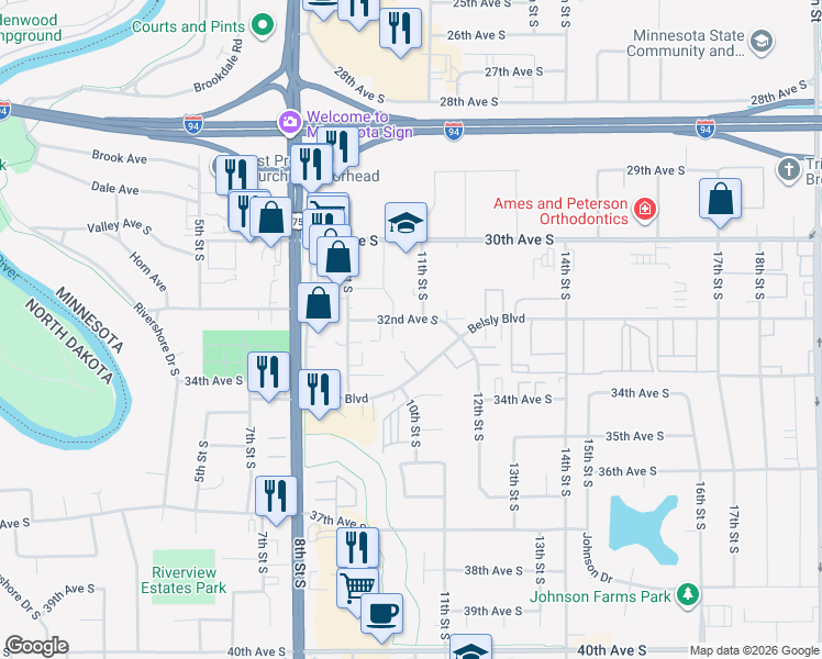 map of restaurants, bars, coffee shops, grocery stores, and more near 1021 32nd Avenue South in Moorhead