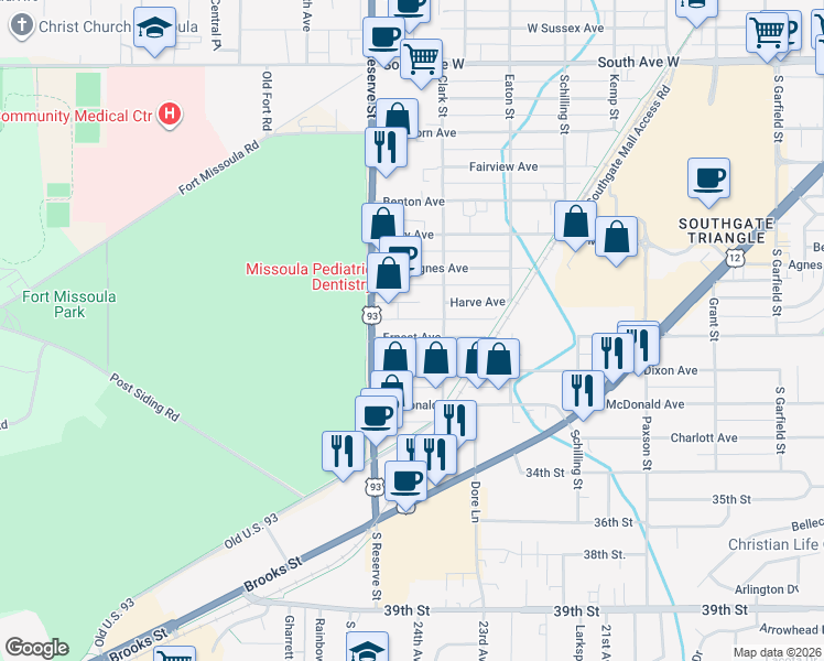 map of restaurants, bars, coffee shops, grocery stores, and more near 3107 Clark Street in Missoula