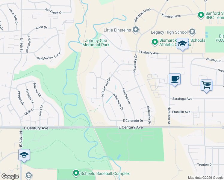 map of restaurants, bars, coffee shops, grocery stores, and more near 3213 Wisconsin Drive in Bismarck