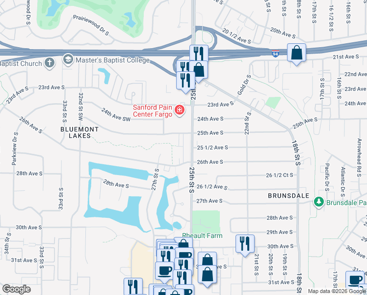 map of restaurants, bars, coffee shops, grocery stores, and more near 2529 25th Street South in Fargo