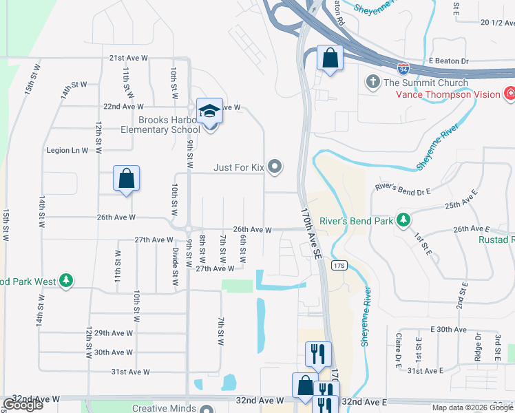 map of restaurants, bars, coffee shops, grocery stores, and more near 2480 5th Street West in West Fargo