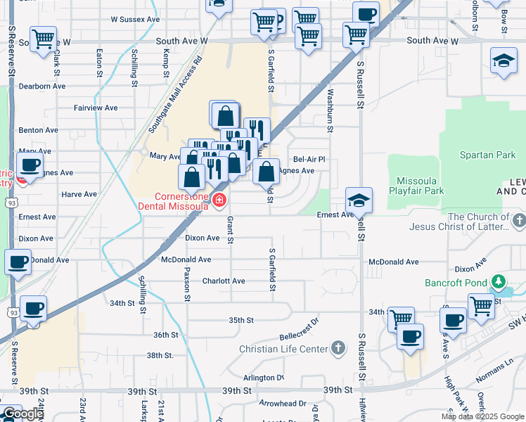 map of restaurants, bars, coffee shops, grocery stores, and more near 1812 Ernest Avenue in Missoula