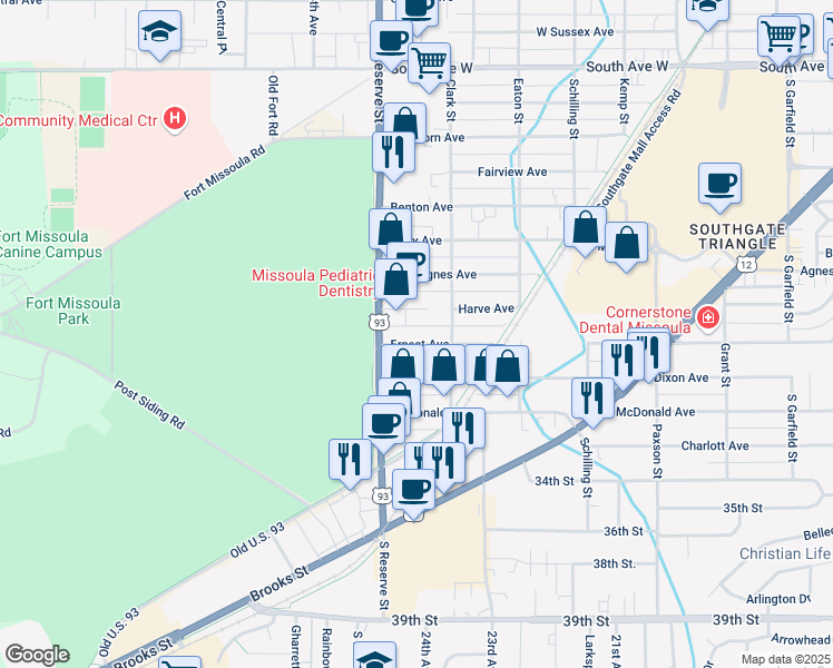 map of restaurants, bars, coffee shops, grocery stores, and more near 3107 Clark Street in Missoula
