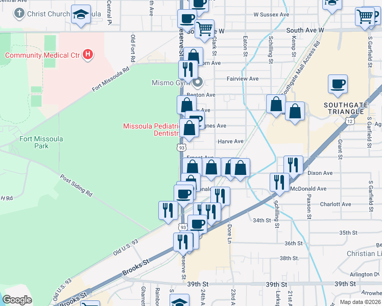 map of restaurants, bars, coffee shops, grocery stores, and more near 3110 South Reserve Street in Missoula