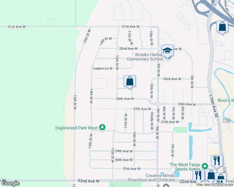map of restaurants, bars, coffee shops, grocery stores, and more near 12th Street West in West Fargo