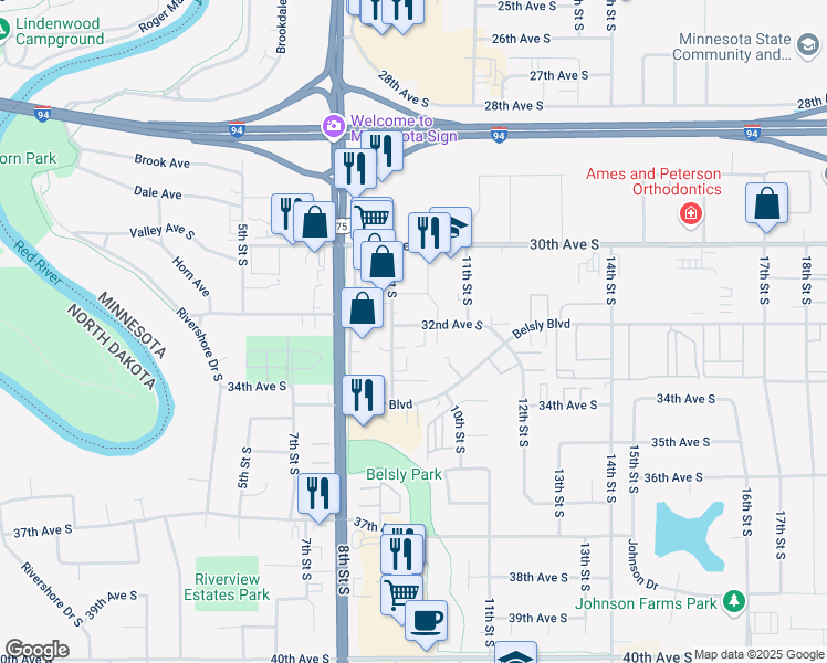 map of restaurants, bars, coffee shops, grocery stores, and more near 915 32nd Avenue South in Moorhead