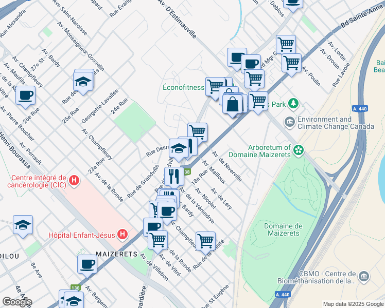 map of restaurants, bars, coffee shops, grocery stores, and more near 1901 Avenue Mailloux in Québec