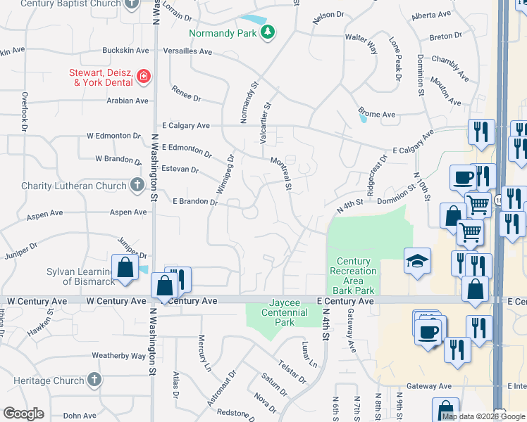 map of restaurants, bars, coffee shops, grocery stores, and more near 407 East Brandon Drive in Bismarck