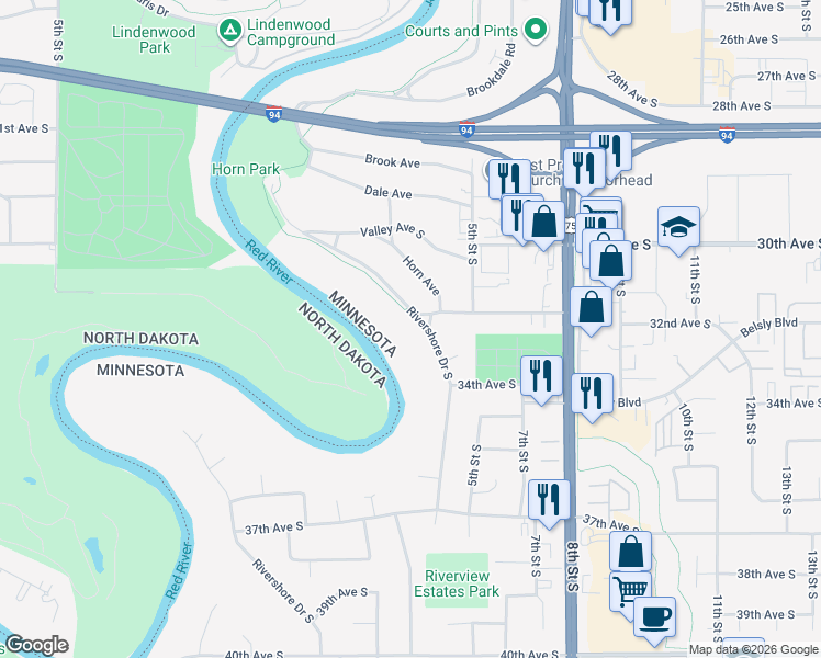 map of restaurants, bars, coffee shops, grocery stores, and more near 3203 Rivershore Drive in Moorhead