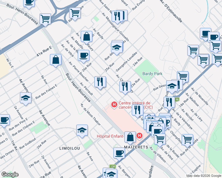 map of restaurants, bars, coffee shops, grocery stores, and more near 2399 Avenue de la Ronde in Québec