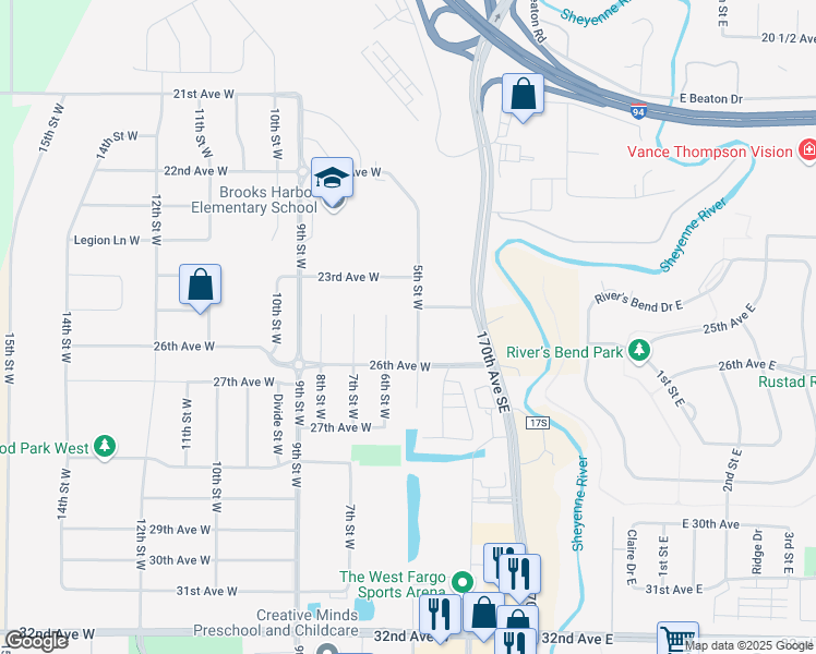 map of restaurants, bars, coffee shops, grocery stores, and more near 2480 5th Street West in West Fargo