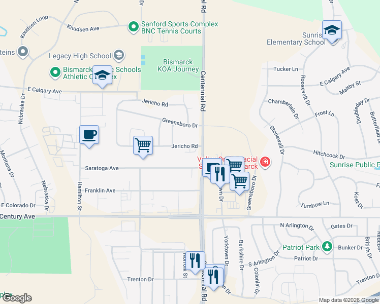 map of restaurants, bars, coffee shops, grocery stores, and more near 3851 Jericho Road in Bismarck