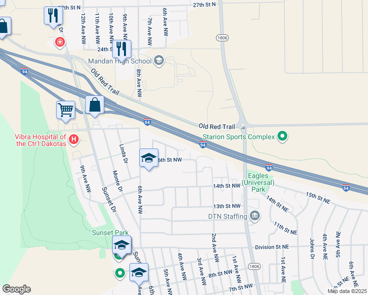 map of restaurants, bars, coffee shops, grocery stores, and more near Interstate 94 in Mandan