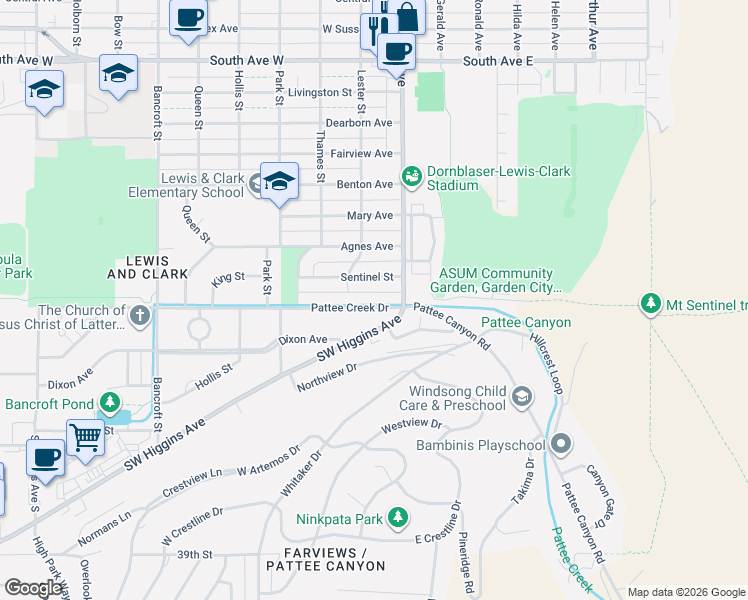 map of restaurants, bars, coffee shops, grocery stores, and more near 116 Pattee Creek Drive in Missoula