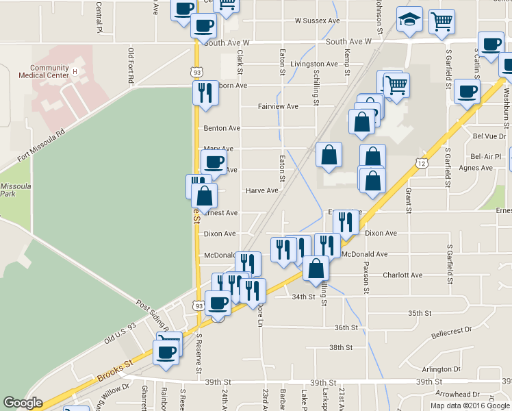 map of restaurants, bars, coffee shops, grocery stores, and more near 2333 Harve Avenue in Missoula