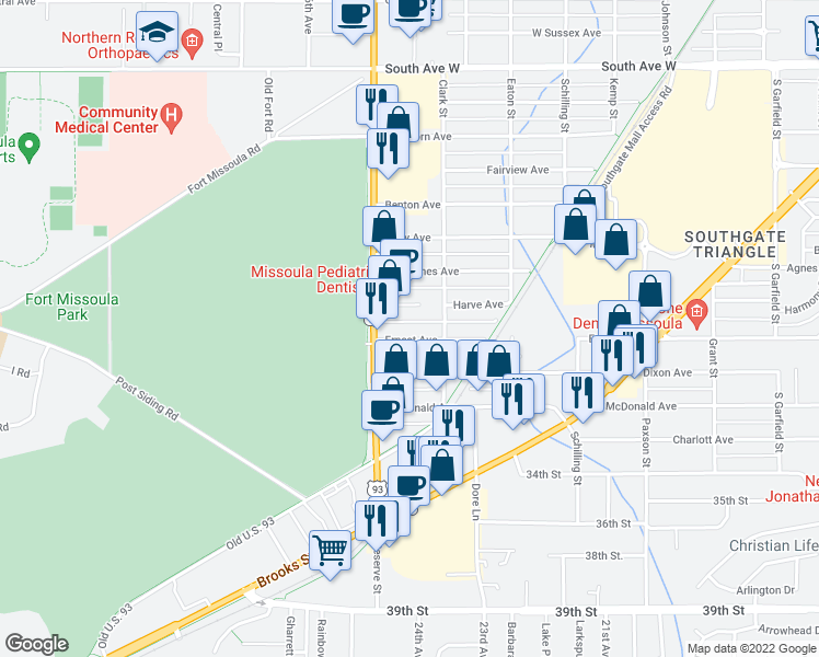 map of restaurants, bars, coffee shops, grocery stores, and more near 2408 Ernest Avenue in Missoula