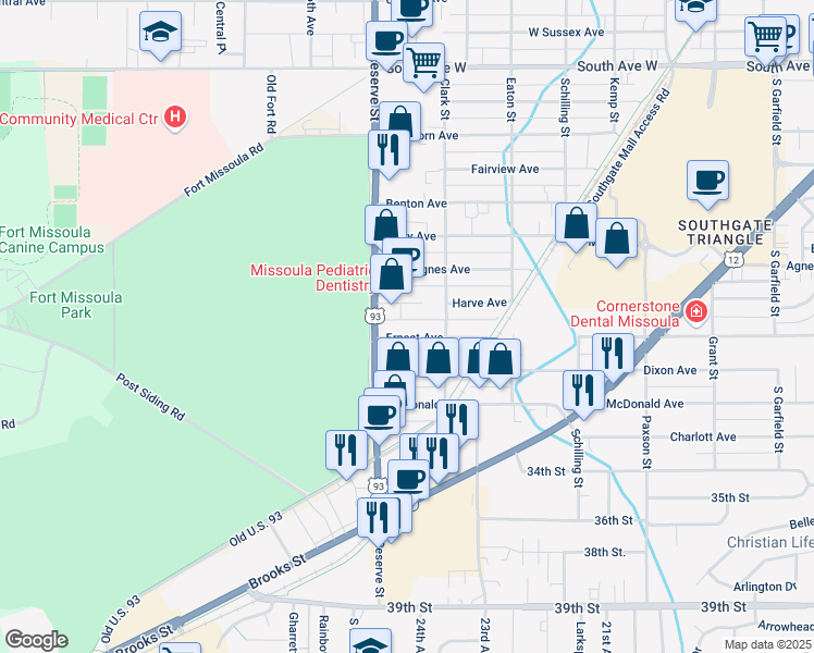 map of restaurants, bars, coffee shops, grocery stores, and more near 3110 South Reserve Street in Missoula