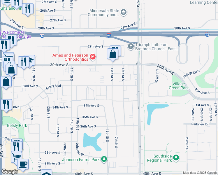map of restaurants, bars, coffee shops, grocery stores, and more near 3202 17th Street South in Moorhead
