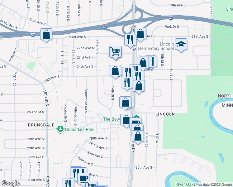 map of restaurants, bars, coffee shops, grocery stores, and more near 2550 14th Street South in Fargo