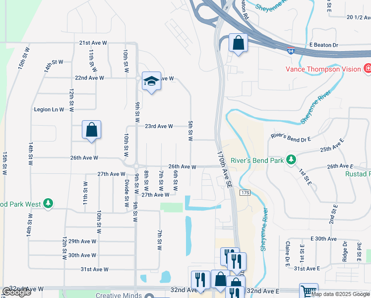 map of restaurants, bars, coffee shops, grocery stores, and more near 2480 5th Street West in West Fargo