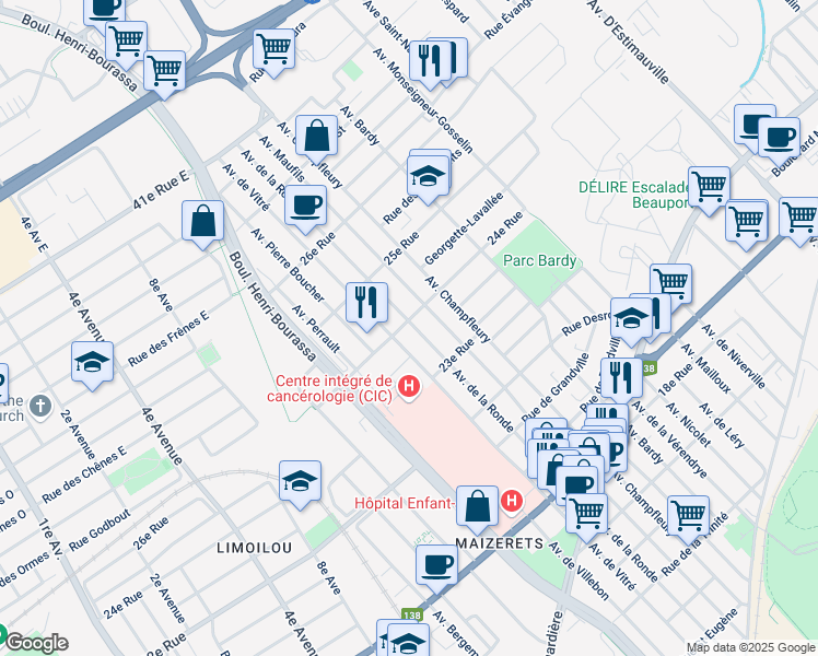 map of restaurants, bars, coffee shops, grocery stores, and more near 2399 Avenue de la Ronde in Québec
