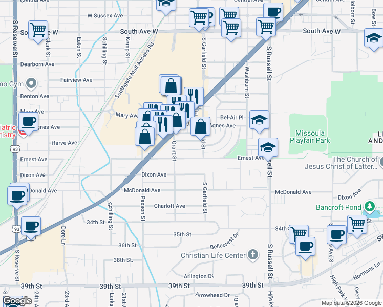map of restaurants, bars, coffee shops, grocery stores, and more near 1842 Ernest Ave in Missoula