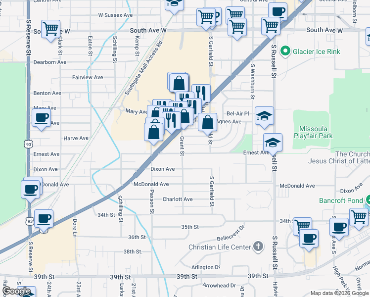 map of restaurants, bars, coffee shops, grocery stores, and more near 1842 Ernest Ave in Missoula