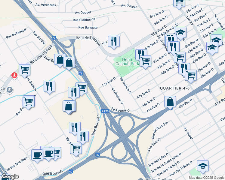 map of restaurants, bars, coffee shops, grocery stores, and more near 5045 6e Avenue Ouest in Québec