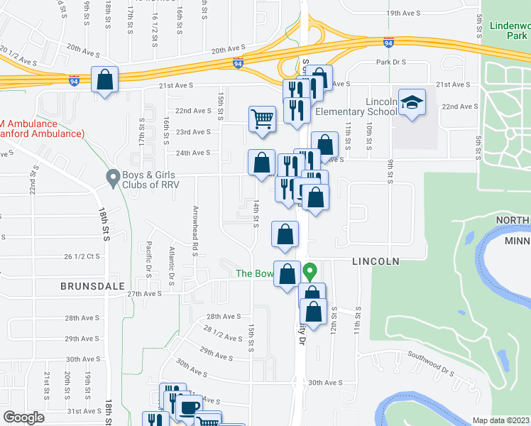 map of restaurants, bars, coffee shops, grocery stores, and more near 2550 14th Street South in Fargo