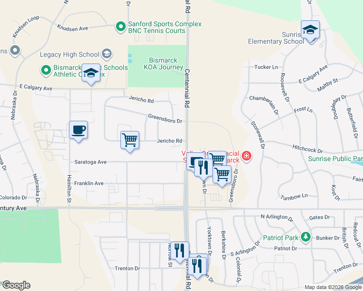 map of restaurants, bars, coffee shops, grocery stores, and more near 3851 Jericho Road in Bismarck