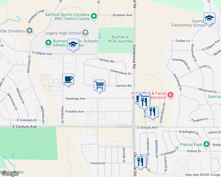 map of restaurants, bars, coffee shops, grocery stores, and more near 3703 Jericho Road in Bismarck