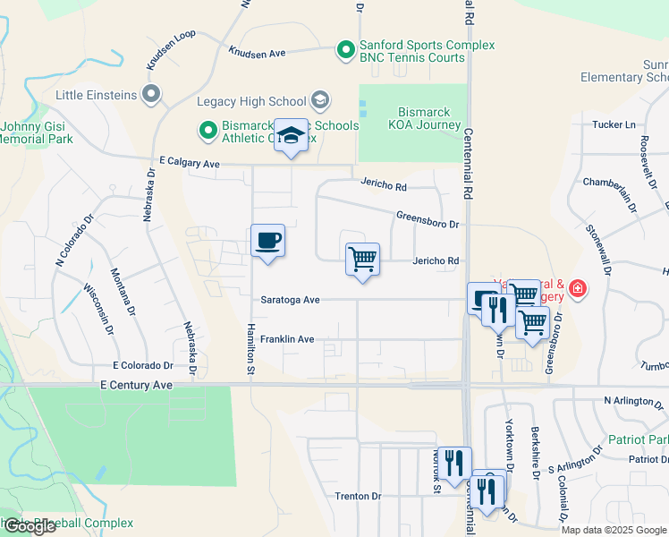 map of restaurants, bars, coffee shops, grocery stores, and more near 3427 Jericho Road in Bismarck