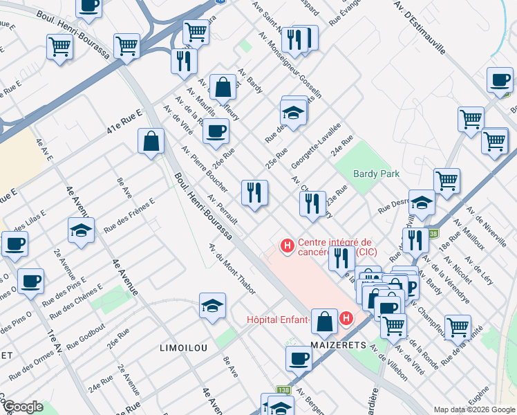 map of restaurants, bars, coffee shops, grocery stores, and more near 2441 Avenue de Vitré in Québec