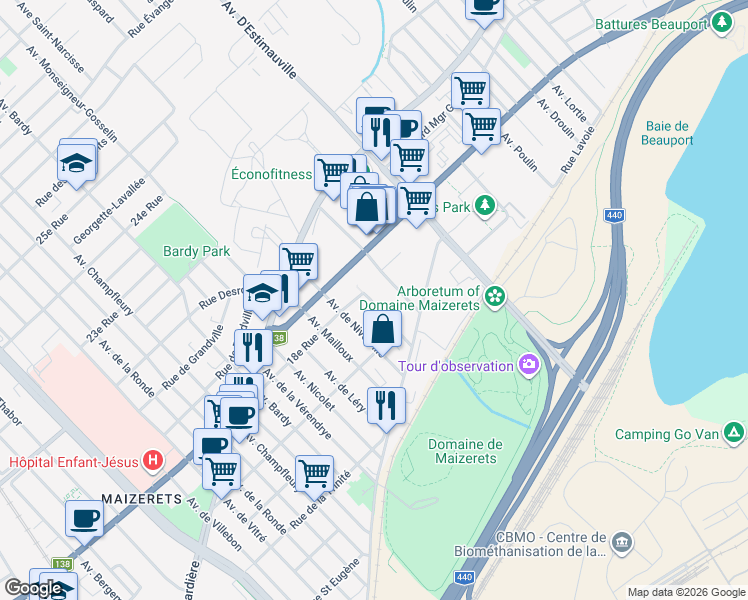 map of restaurants, bars, coffee shops, grocery stores, and more near 1700 Avenue Ernest Lapointe in Québec City