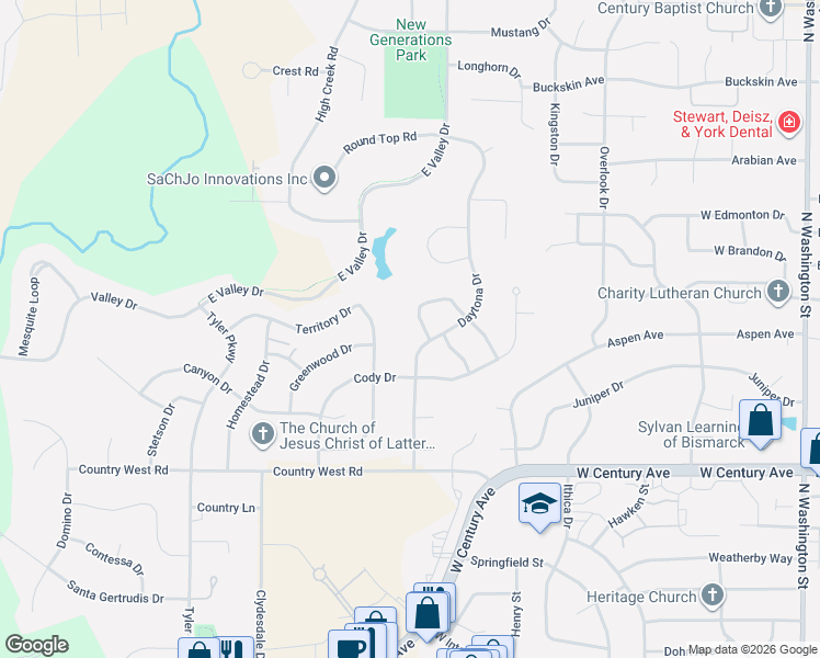 map of restaurants, bars, coffee shops, grocery stores, and more near 3268 Impala Lane in Bismarck