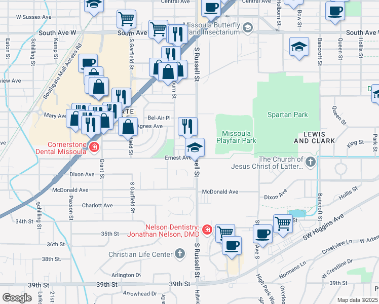 map of restaurants, bars, coffee shops, grocery stores, and more near 1508 Ernest Avenue in Missoula