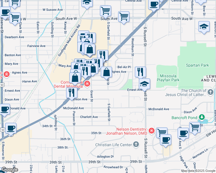 map of restaurants, bars, coffee shops, grocery stores, and more near 1812 Ernest Avenue in Missoula