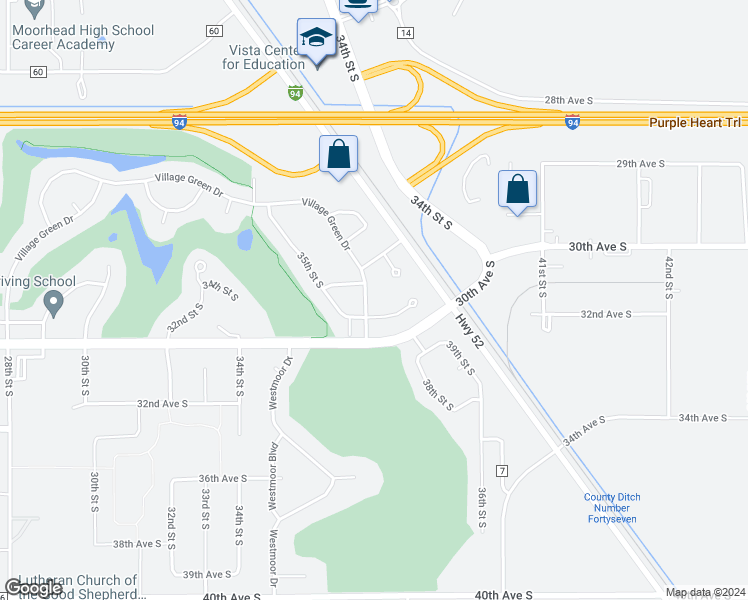 map of restaurants, bars, coffee shops, grocery stores, and more near 3802 Village Green Drive in Moorhead